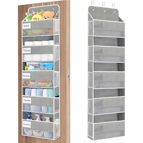 Over The Door Organizer Storage, 44lbs Weight Capacity Hanging Door Organizer, Behind Door Organizer with 5 Large Pockets 10 Mesh Side Pockets 5 PVC Pouches for Nursery Bathroom Bedroom Pantry