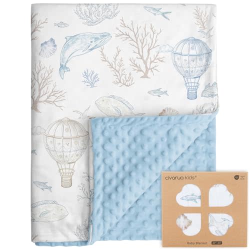CIVARUA KIDS Whale Baby Fleece Blanket Neutral for Boys Girls, Soft Kid Throw Minky Blanket Double Layer with Dotted Backing, 30 x 40 Inch Blue Whale Hot-air Balloon Print