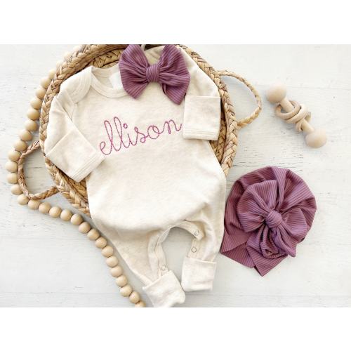 Personalized oatmeal and vintage mauve romper with bow or turban, custom girl coming home outfit, baby shower gift