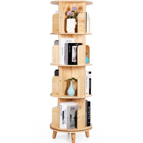 Rotating Bookshelf, 360 Display Spinning Bookshelf 4 Tier Revolving Bookcase Solid Wood Corner Bookshelf Organizer Display Shelf for Kids&Adults, 18” Wide, Natural