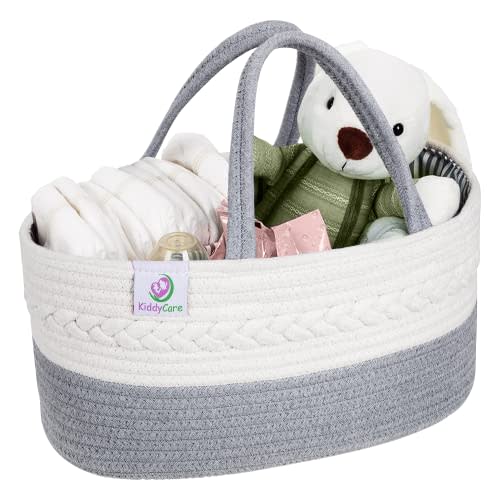 KiddyCare Diaper Caddy Organizer for Baby Nursery Basket with Handle Lid | Nursing Caddy with Changing Table Organizer Cart | Rope Diaper Caddy Organizer for Car | Newborn Caddy | Gray Large