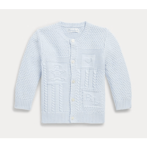 Ralph Lauren Contrast-Knit Organic Cotton Cardigan in Beryl Blue 9-12 M