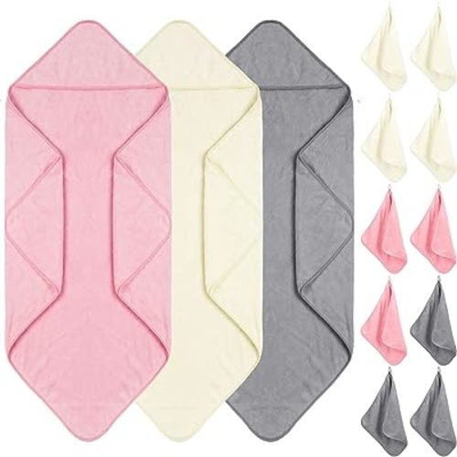 Moukeren 13 Pcs Baby Washcloth and Hooded Towels Absorbent Soft Baby Bath Accessories for Newborn Infant Bath Shower Towel Gifts Bathing Washing Registry Gifts (Pink, White, Gray)