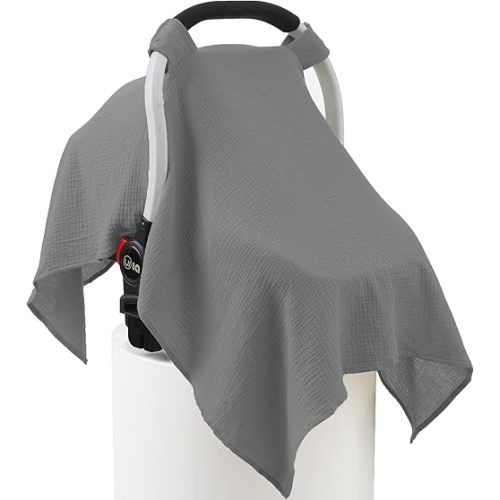 100% Muslin Cotton Car Seat Cover Baby, Carseat Canopy Cover, Universal Fit Stroller Covers for Boys and Girls (Grey)