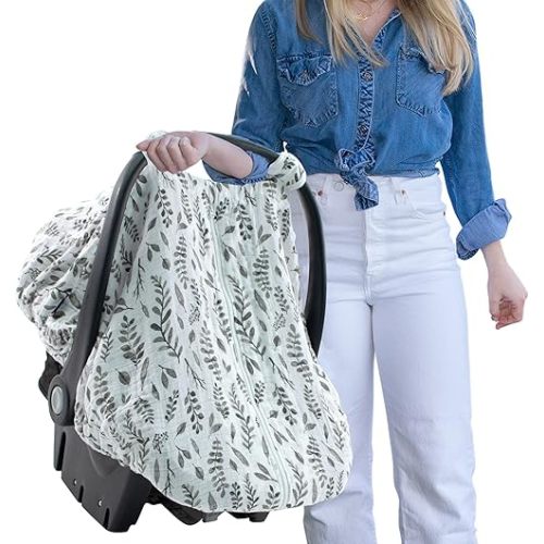 Bebe au Lait Classic Muslin Car Seat Cover -Perfect Baby Car Seat Covers for Babies, Car Seat Canopy, Unisex Baby Car Seat Cover- Easy Snap Straps, Fully Zippered Opening, Breathable- Leaves