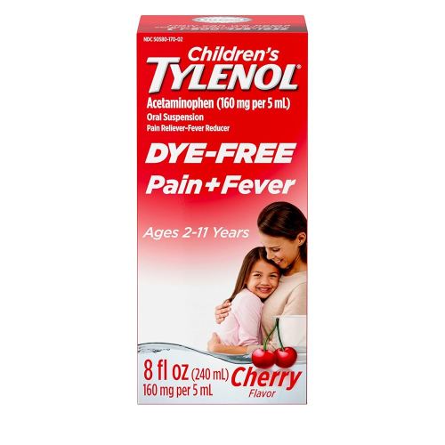 Tylenol Children's Liquid Pain Relief & Fever Medicine, Oral Suspension, Dye-Free Acetaminophen, Aspirin-, Ibuprofen-, High Fructose Corn Syrup- Free; Cherry Flavor, 8 fl. oz.; Pack of 1