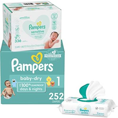 Diapers Newborn / Size 1 (8-14 lb), 252 Count - Pampers Baby Dry Disposable Baby Diapers, ONE MONTH SUPPLY with Baby Wipes Sensitive 6X Pop-Top Packs, 336 Count (Packaging May Vary)