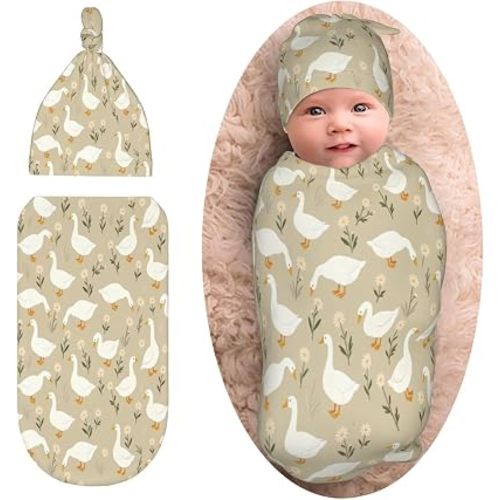 Goose Baby Stuff Swaddle Blanket with Beanie Hat, Newborn Swaddling Goose Baby Blanket Outfit Infant Shower Gift for Boys Girls