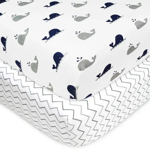 American Baby Company 2 Pack 100% Natural Cotton Fitted Crib Sheets 52" x 28" - Soft, Breathable, Hypoallergenic & Gentle Toddler Bed Sheets, Navy Whale/Grey Zigzag, Neutral for Boys & Girls