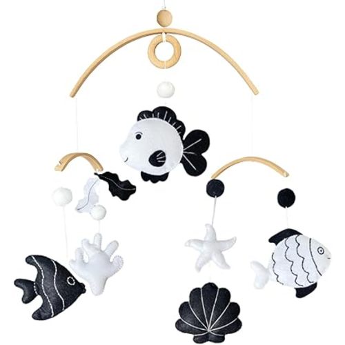 High-Contrast Black & White Decor for Newborn Baby Nursery Room – Fish Crib Mobile, Handmade for Boy & Girl, Safe Natural Wood & Fabric, Plastic-Free, Baby Shower Gift Ready