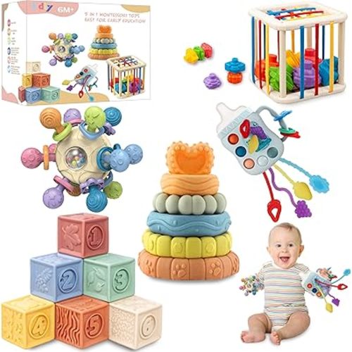 Baby Toys 0-6-12 Months,Montessori Toys for babise 0-6-12-18 Months,Incl Pull String Toy & Shape Sorter & Stacking Baby Block & Manhattan Ball & Baby Blocks，Montessori Baby Toys for 1 + Year