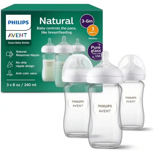 Philips Avent Natural Glass Baby Bottles with Natural Response Nipples (Medium Flow, Flow 3), 8oz, 3-pack, SCY913/03