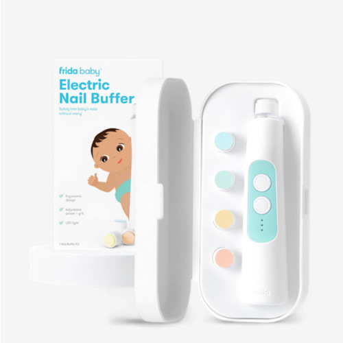 Frida Baby Electric Nail Buffer | Safe + Easy Baby Nail File, Baby Nail Clippers + Nail Trimmer Kit for Newborn, Toddler, Children's Fingernails/Toenails, 4 Buffer Pads, LED Light, Storage Case, White