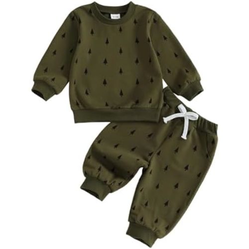 GOOCHEER Toddler Baby Boy Fall Outfit Tree Printed Long Sleeve Sweatshirt and Jogger Pants Christmas Clothes Set