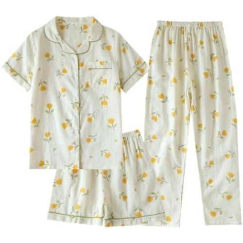 Womens 3pcs Cotton Gauze Pajama Set Short Sleeve Sleepwear Floral Print Cute Pj Set with Long Pants