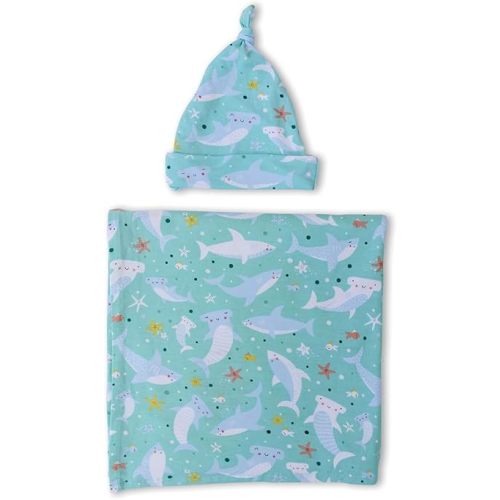 Little Sleepies Newborn Swaddle + Hat Set, Viscose from Bamboo Baby Wrap, Shark Soiree