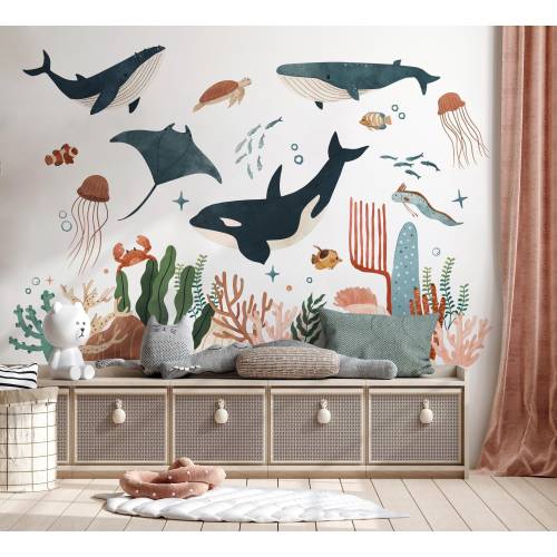 Ocean Animal Wall Decals , Sea Life Wall Stickers, Watercolor Sea Life Nursery Decor, Kids Room Wall Art