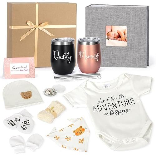 New Mom Gifts,Gender Reveal Gift,Pregnancy Gift for Expecting Mom,Pregnancy Announcement Baby Shower Gifts Basket with Baby Photo Albums,Tumbler for New Parents, First Time Mom,Gender Reveal