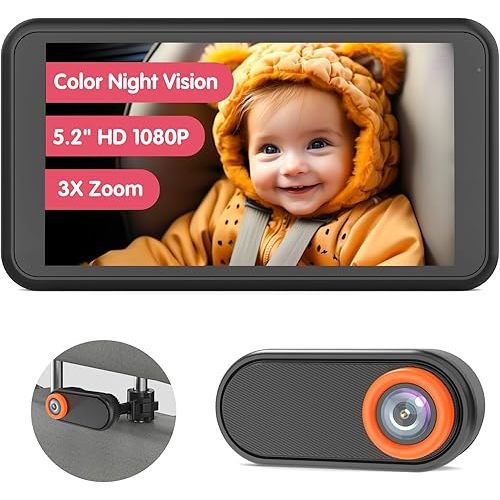 Car Camera for Baby, 5.2” 1080P Baby Car Camera with 3X Zoom, 360°Rotating Adjustable Car Baby Camera with Wired, Crystal Clear View for Back Seat Rear Facing (BM2)