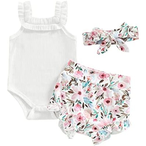 fhutpw Baby Girl Clothes Summer Cute Outfits 3 6 12 18 Months Spaghetti Strap Romper & Floarl Shorts Sets