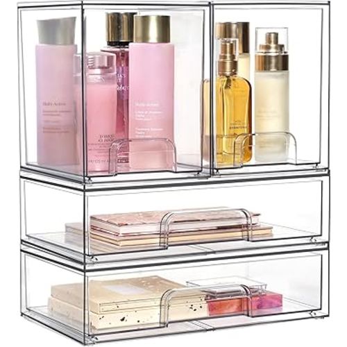 Vtopmart Stackable Storage Drawers Set of 4,7.6" Tall and 12'' Wide Clear Plastic Organizer Bins for Makeup, Cosmetics, Beauty Supplies,Ideal for Vanity, Bathroom,Cabinet,Pantry Organization