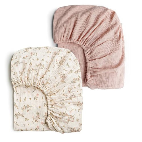 Konssy Muslin Crib Sheets for Girl Boy, 2 PCS Soft and Breathable Cotton Baby Sheets for Standard Crib Mattress, 52"x 28" (Floral, Pink)