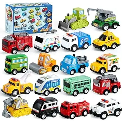 JOYIN 18 Pcs Pull Back City Cars and Trucks Toy Vehicles Set, Friction Powered Cars Toys for Toddlers, Boys, Girls’ Educational Play, Goodie Bags Stuffers