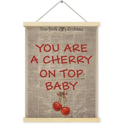 Shrago Vintage Leopard Bow Cherry Wall Art, Coquette Cheetah Print Bow Cherry Retro Newspaper Poster Hanger Frame for Bedroom Living Room Home Wall Decor, 12x16 Inch