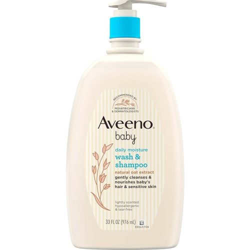 Aveeno Baby Daily Moisture Gentle Baby Body Wash and Shampoo with Oat Extract, 2-in-1 Baby Wash & Hair Shampoo, Tear-Free, pH Balanced for Sensitive Skin & Hair, Lightly Scented, Value Size 33 Fl Oz
