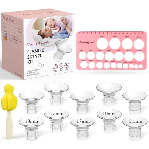 Nursi Luna Flange Sizing Kit 3 in 1 Ultimate with 10PCS Flange Inserts 13/15/17/19/21mm, Nipple Ruler, Cleaning Brush, Silicone Flange Insert Kit for 24mm Most Pumps, Pumping Breastfeeding Essentials