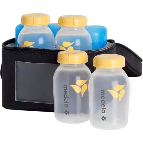 Medela Breast Milk Storage Cooler Bag with Contoured Ice Pack, 4 Bottles and Lids, Convenient Breastmilk Transport