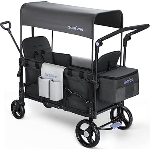 Double Stroller Wagon for Kids, Baby Wagon Stroller with Adjustable Handle for Toddler Includes Canopy & Organizer, Foldable and Convenient for Storage, Gray