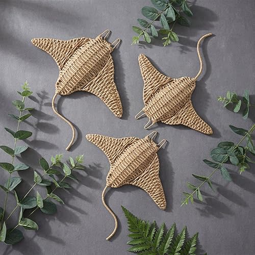 Xuhal 3 Pcs 12 x 12 Inch Handmade Manta Ray Hanging Decor 12 x 12 Inch Manta Ray Wall Art for Underwater World Wicker Nautical Wall Decoration Beach House Boho Decoration