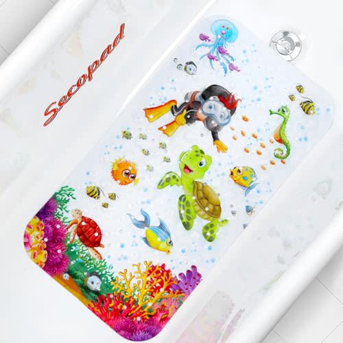 Bath Mat for Tub Non Slip, Machine Washable Anti Slip Cartoon Baby Bathtub Shower Mat with Drain Holes and Suction Cups for Toddler & Kids, 27.5 Inch x 15 Inch-Rectangular, Turtle