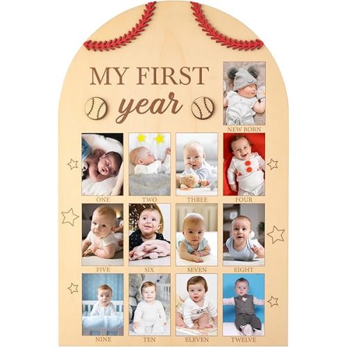 R HORSE My First Year Photo Frame Board - Baby’s First Year Picture Frame 12 Months Milestone Board Baseball Photo Display Wood Board 1st Birthday Frame Nursery Decor Baby Keepsake Gift for Boy Girl