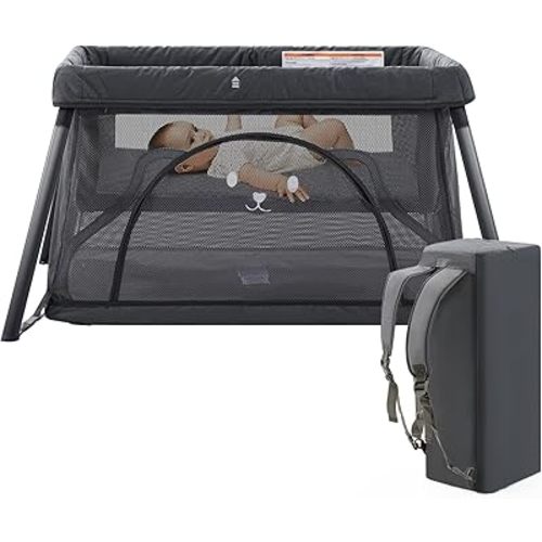 Travel Crib,Portable Crib for Baby, Pack and Play for Babies and Toddler, Lightweight Backpack Design,Foldable Travel Baby Playpen with Mattress(Dark Grey)
