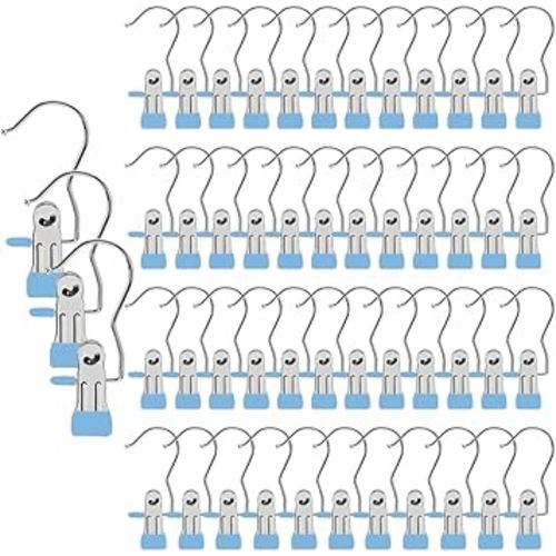 Hangers Clips,Stainless Hooks for Closet Hooks,Laundry Hanging Hooks,Travel Portable Clothes,Boot Tall Towel Hats Socks Pants and Bras (50, Blue)