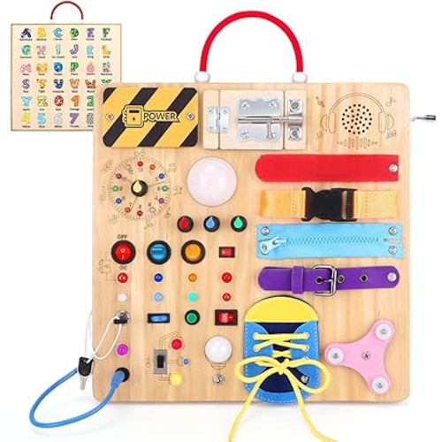 Busy Board,Montessori Toys for 1-3 Years Old, Wooden Toddler Toys, Autism Sensory Travel Toy, Ideal Gift for 1+ Year Old Boys (Busy Board Plus v3)