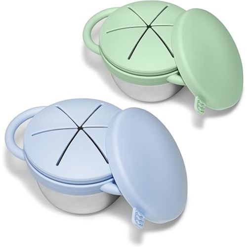 2 Pack Toddler Snack Cups, Baby Stainless Steel Snack Containers for Kids with Spill Proof Food Grade Silicone Lids & Handles 9 OZ No Spill Baby Snack Box for Mess-Free Snacking