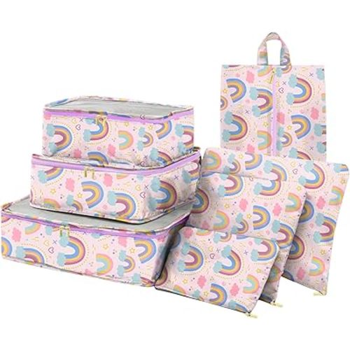 Packing Cubes for Kids 7 Set Travel Luggage Organizers for Suitcase Travel Accessories with Shoe Bag for Kids Women Girls Cute Aesthetic Art-Pink Rainbow
