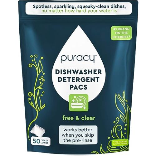 Puracy Dishwasher Pods 50 Count, Natural Dishwasher Detergent, Free & Clear Dish Tabs, Tiktok Trend Items, Enzyme-Powered, Spot & Residue-Free, Must Haves from Tiktok Made Me Buy It