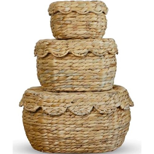 Scalloped Basket with Lid Set of 3,Stackable Baskets for Organizing, Scalloped Wicker Basket, Woven Basket With Lid, Water Hyacinth Storage Baskets with Lid, Basket With Lid Decorative Storage