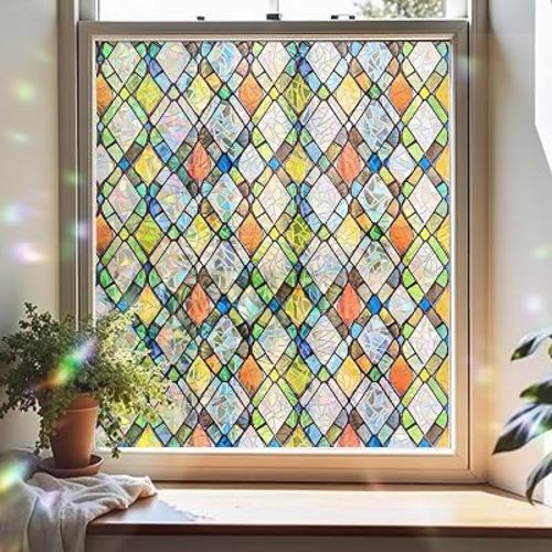 Rainbow Window Privacy Film, Stained Glass Cling, 35.4" x 78.7"