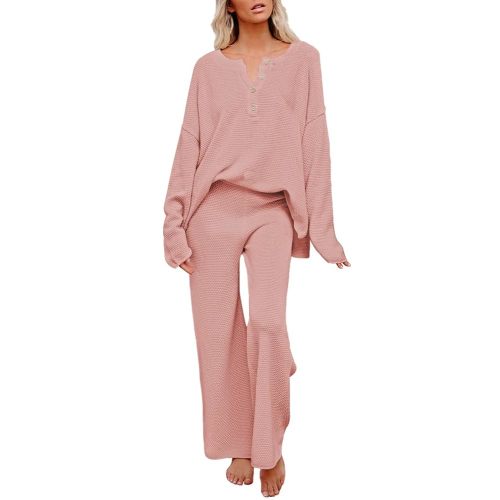 Pink Queen Women's 2 Piece Outfit Set Long Sleeve Button Pullover Sweater Top and Wide Leg Pants Knit Sweatsuit
