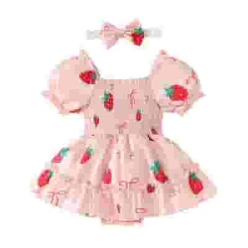 JAKANYQ Newborn Girls Short Sleeve Ruffles Strawberry Prints Romper Bodysuits Onesie Dress Red 0-3 Months