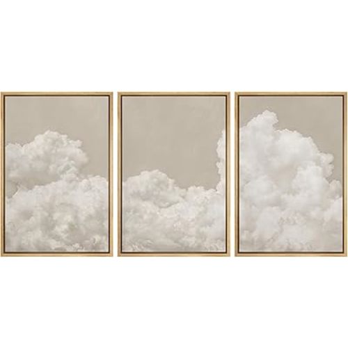 MUDECOR Framed Wall Art Print Set Serene Sky Filled with Fluffy Clouds Illustrations Modern Art Decorative Colorful Chic for Living Room, Bedroom, Office - 24"x36"x3 NATURAL