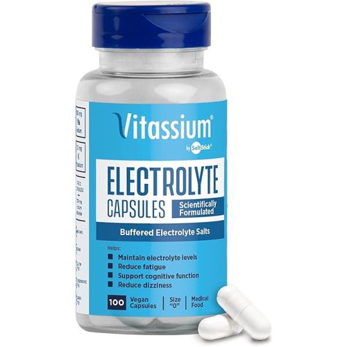 Vitassium Electrolyte Capsules, Electrolytes for The Management of POTS and High Sodium Diets (500mg Sodium - 100mg Potassium), Unflavored, 100 Salt Pills (Size 0)