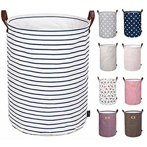 DOKEHOM 19-Inches Thickened Large Drawstring Laundry Basket Storage -(Available 19 and 22 Inches in 9 Colors)- with Durable Leather Handle, Cotton (Blue Strips, L) - Thickened 19"/Large