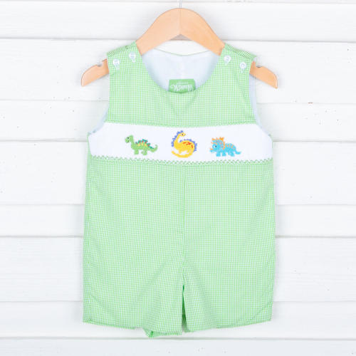 Dinosaur Smocked  Green Gingham Jon Jon