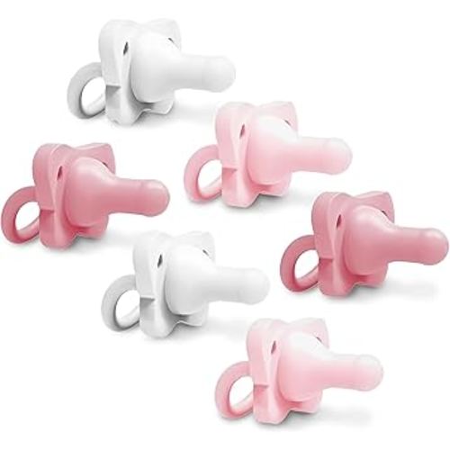 Dr. Brown's HappyPaci 100% Silicone Baby Pacifier, Contoured One-Piece Design, Pink, White, Light Pink, 0-6m, BPA-Free, 6 Pack